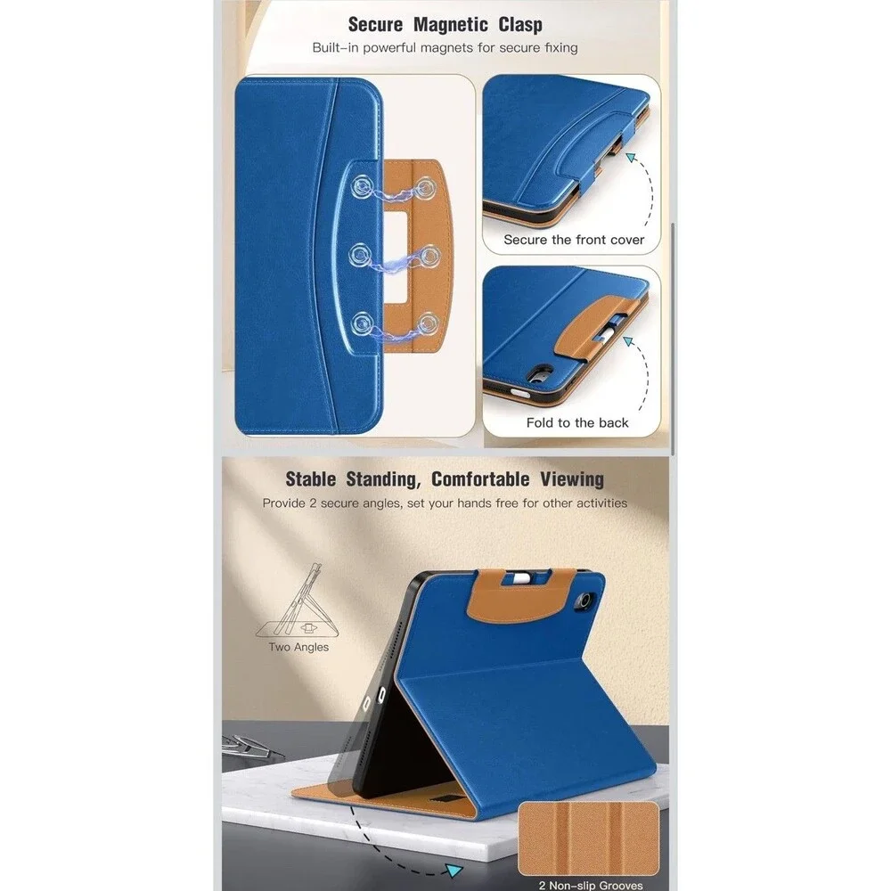 MoKo Case for iPad (A16) 11th iPad 11/10th Gen Blue Leather Pencil Holder Pocket